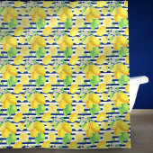  Waterverf Lemons op blauwe Stripes Bathroom Douchegordijn