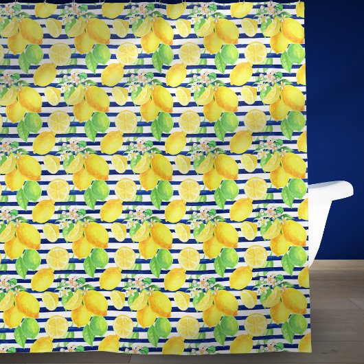  Waterverf Lemons op blauwe Stripes Bathroom Douchegordijn