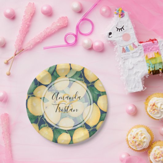 Waterverf Lemons op Navy Blue Papieren Bordje (Feest)