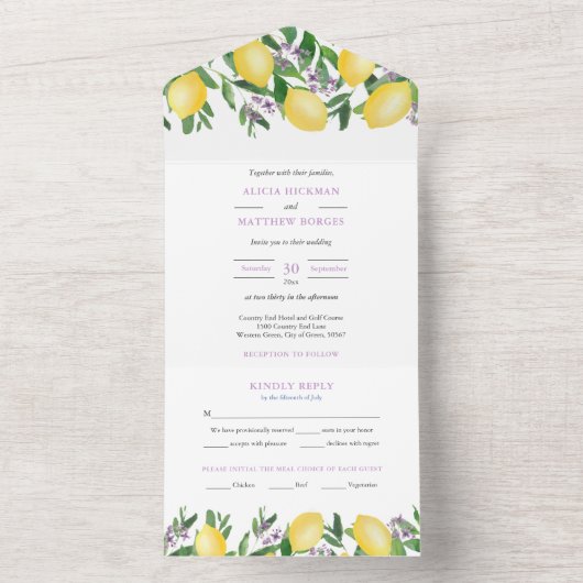 Waterverf Lemons Paarse Citrus Wedding All In One Uitnodiging (Binnen)