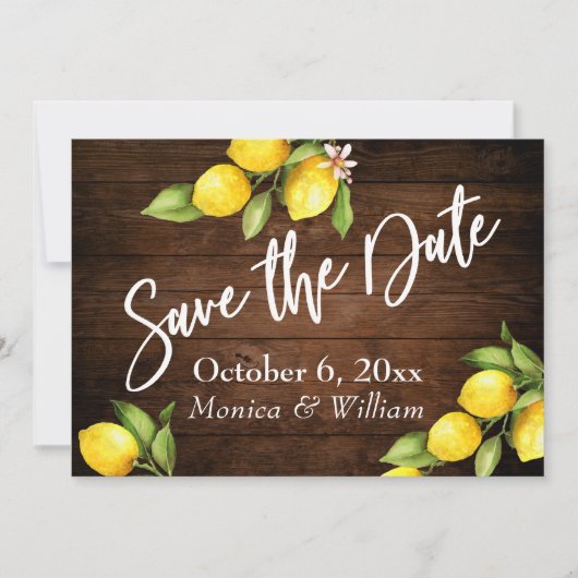 Waterverf Lemons Rustic Wood Save the Date Script (Voorkant)