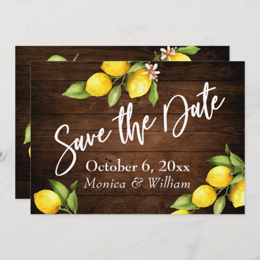 Waterverf Lemons Rustic Wood Save the Date Script (Voorkant / Achterkant)