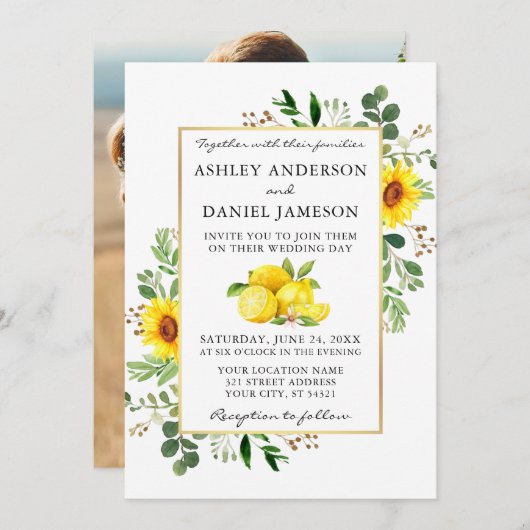 Waterverf Lemons Sunflower Foto Ruwelijk Kaart (Voorkant / Achterkant)