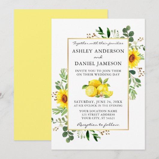 Waterverf Lemons Sunflower Greenery Wedding Kaart (Voorkant / Achterkant)
