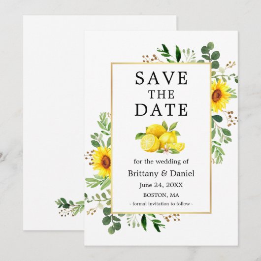 Waterverf Lemons Sunflower Save the Date Kaart (Voorkant / Achterkant)