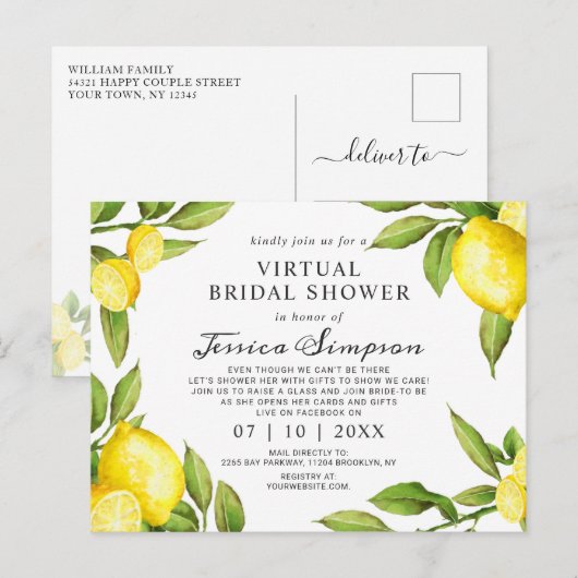 Waterverf Lemons Virtual Bridal Shower-uitnodiging Briefkaart (Voorkant / Achterkant)