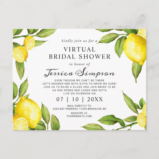 Waterverf Lemons Virtual Bridal Shower-uitnodiging Briefkaart (Voorkant)