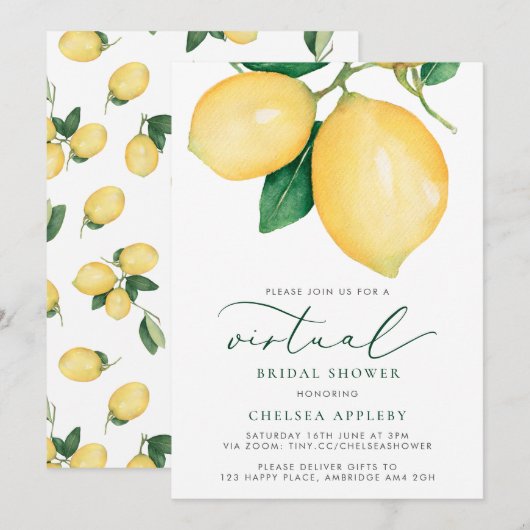 Waterverf Lemons Virtual Bridal Shower-uitnodiging Kaart (Voorkant / Achterkant)