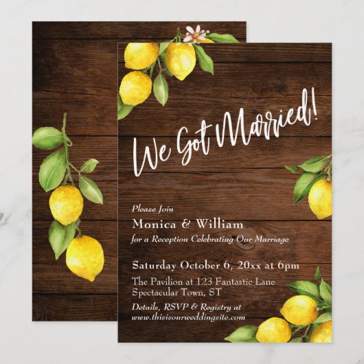 Waterverf Lemons We zijn getrouwd met Rustige Hout Kaart (Voorkant / Achterkant)