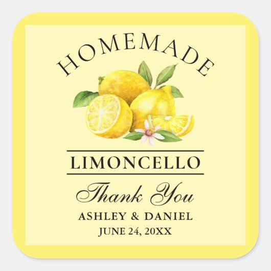 Waterverf Lemons Wedding Bedankt Limoncello Geel Vierkante Sticker (Voorkant)