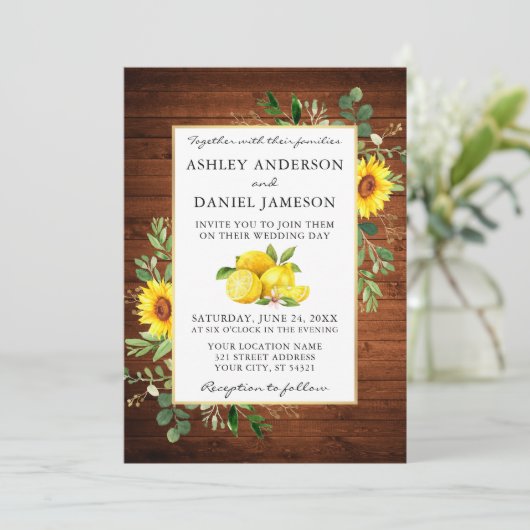 Waterverf Lemons Wood Sunflower Foto Weddenschap Kaart (Staand voorkant)