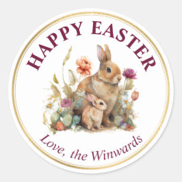 Waterverf lente bloemen en konijnen Gelukkig Pasen Ronde Sticker