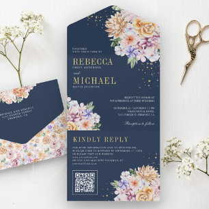 Waterverf Lente Bloemen Goud QR Code Navy Wedding All In One Uitnodiging