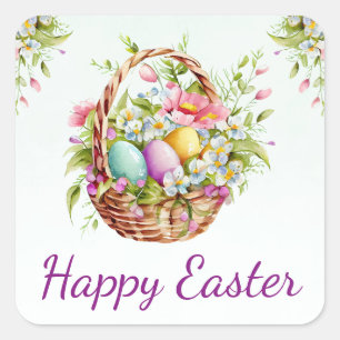 Waterverf lente bloemen mand Gelukkig Pasen Vierkante Sticker