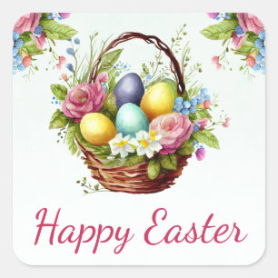 Waterverf lente bloemen mand gelukkig Pasen Vierkante Sticker