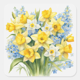Waterverf Lente Bloemen Narcissen Vierkante Sticker