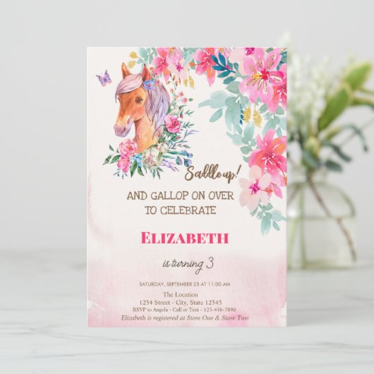Waterverf Lente Bloemen Pony Verjaardag Kaart (Staand voorkant)