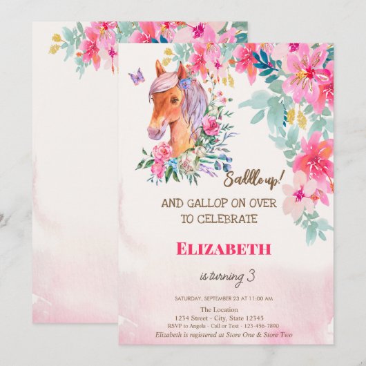 Waterverf Lente Bloemen Pony Verjaardag Kaart (Voorkant / Achterkant)