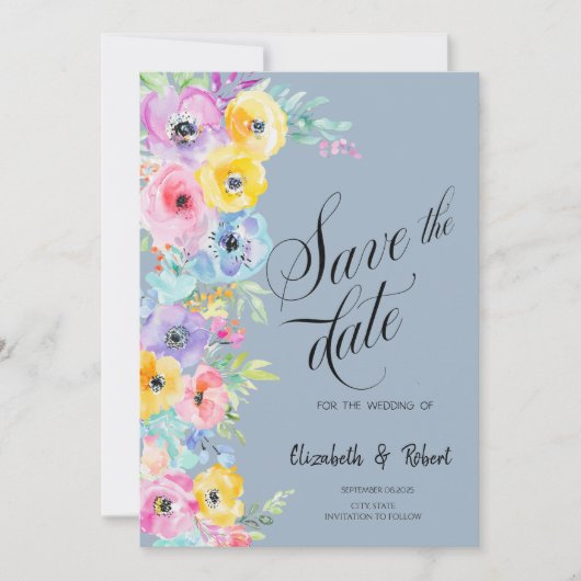 Waterverf Lente Bloemen Stoffig Blauw Save The Dat Save The Date (Voorkant)