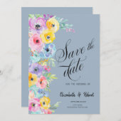 Waterverf Lente Bloemen Stoffig Blauw Save The Dat Save The Date (Voorkant / Achterkant)