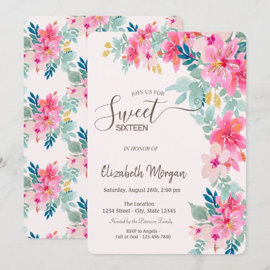 Waterverf Lente Bloemen Sweet 16 Kaart (Voorkant / Achterkant)