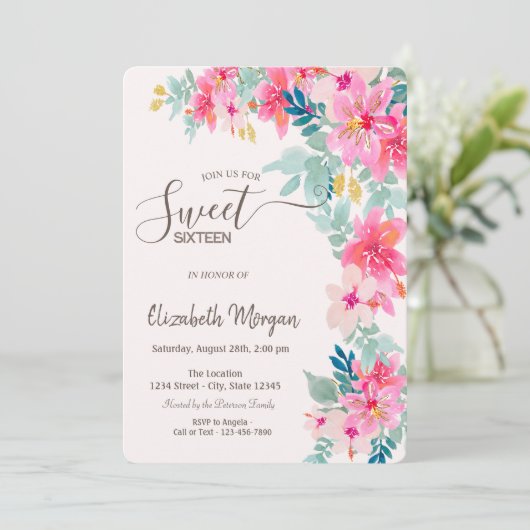 Waterverf Lente Bloemen Sweet 16 Kaart (Staand voorkant)