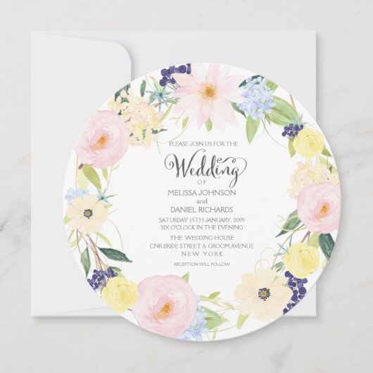 Waterverf Lente Floral Wreath Wedding Invitation Kaart (Voorkant)