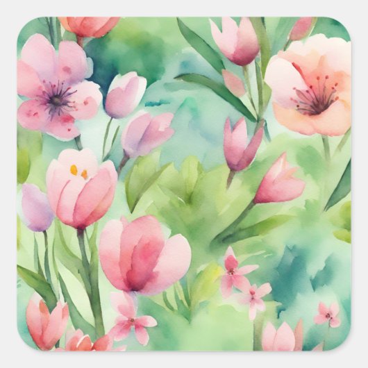 Waterverf Lente Flowers Vierkante Sticker (Voorkant)