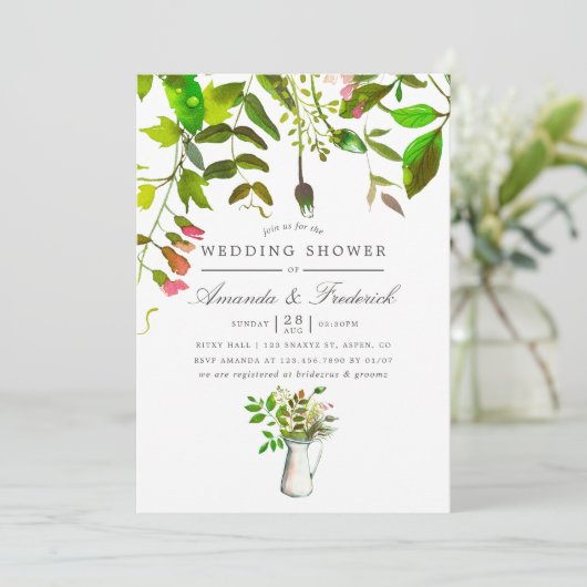 Waterverf lente gebladerte trouwdouche uitnodigen kaart (Staand voorkant)