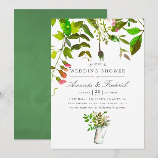 Waterverf lente gebladerte trouwdouche uitnodigen kaart (Voorkant / Achterkant)