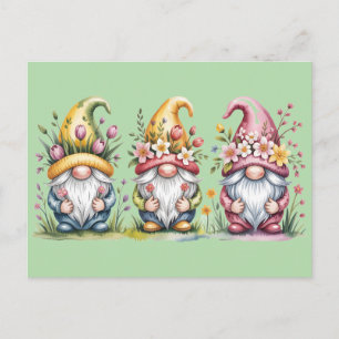 Waterverf Lente Kabouter Trio met Bloemhoeden Feestdagenkaart