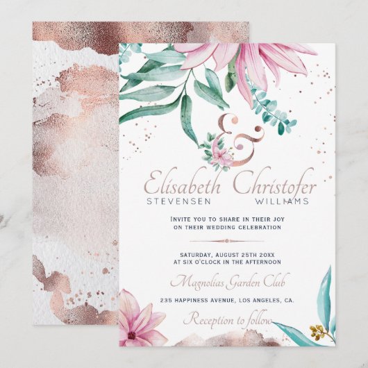 Waterverf Lente Roze Bloemen Roos Goud Ampersand Kaart (Voorkant / Achterkant)