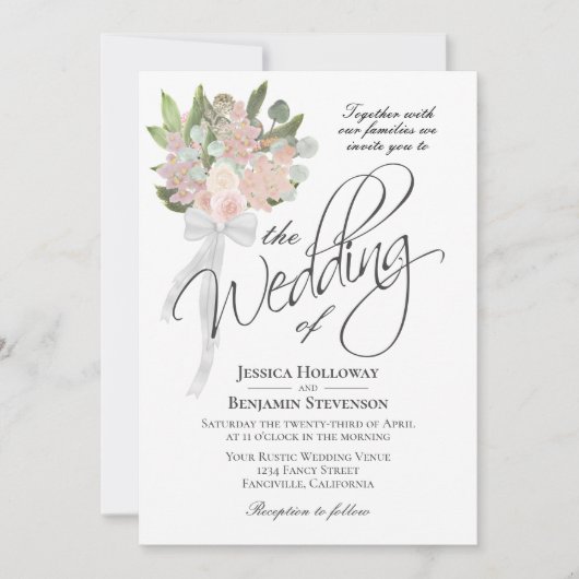 Waterverf Lente Roze Boeket Rustieke Boho Bruiloft Kaart (Voorkant)