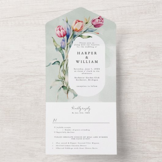 waterverf lente tulpen rsvp bijgevoegd bruiloft all in one uitnodiging (Binnen)