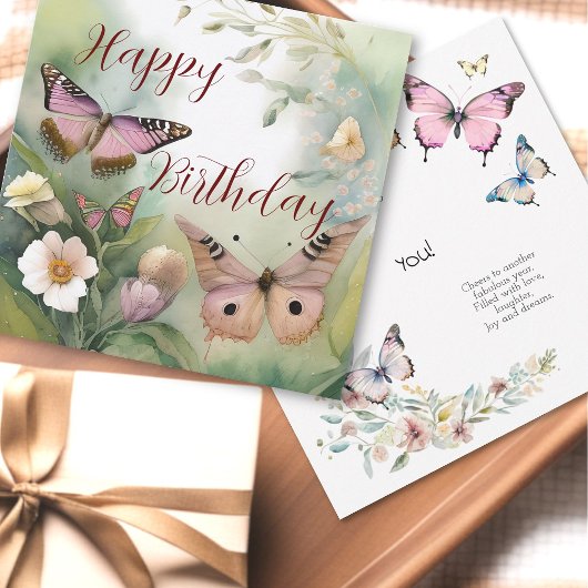 Waterverf Lente Vlinder en Bloemen Verjaardag Kaart