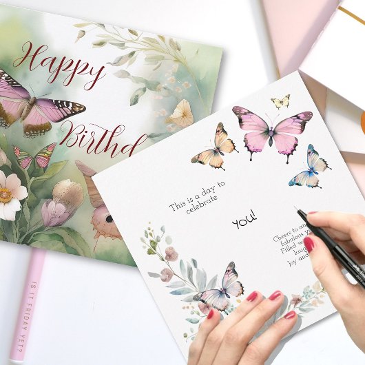 Waterverf Lente Vlinder en Bloemen Verjaardag Kaart