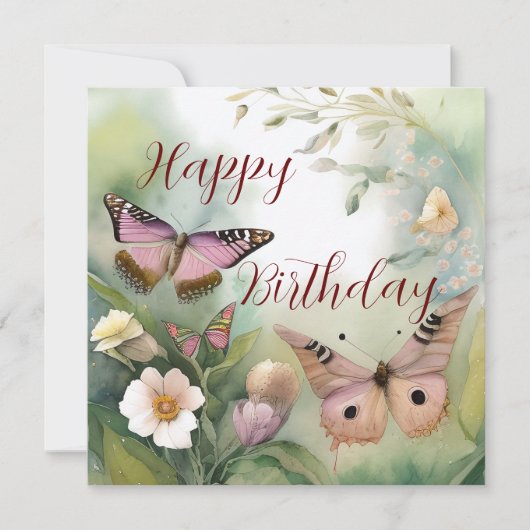 Waterverf Lente Vlinder en Bloemen Verjaardag Kaart (Voorkant)