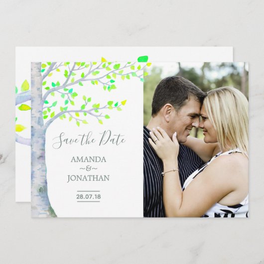 Waterverf Lente vogelboom Weddenschap Opslaan Datu Save The Date (Voorkant / Achterkant)