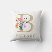 Waterverf Lente Wilde bloem Faux Gold Letter "B" Kussen (Achterkant)