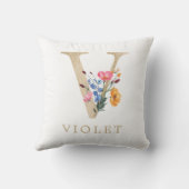 Waterverf Lente Wilde bloem Faux Gold Letter "V" Kussen (Achterkant)