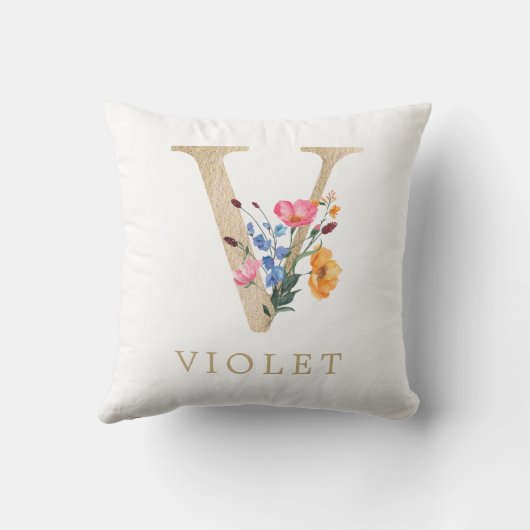 Waterverf Lente Wilde bloem Faux Gold Letter "V" Kussen (Achterkant)