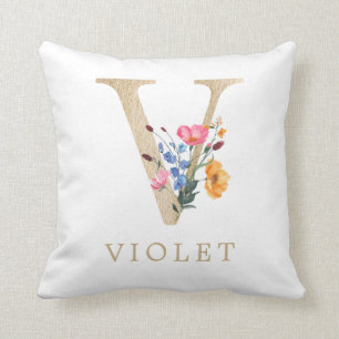Waterverf Lente Wilde bloem Faux Gold Letter "V" Kussen