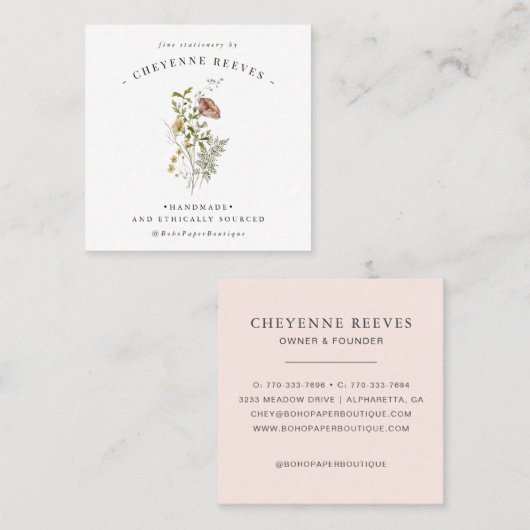 Waterverf Lente wilde bloem Vierkante Visitekaartje (Voorkant / Achterkant)