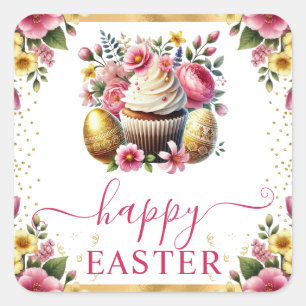 Waterverf Lentebloemen Cupcake Pasen Vierkante Sticker