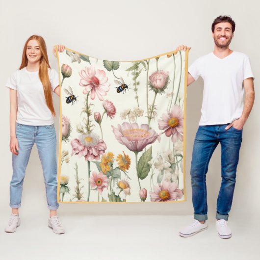 Waterverf lentebloemen roze gele bijen fleece deken (In situ)