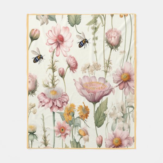 Waterverf lentebloemen roze gele bijen fleece deken (Voorkant)
