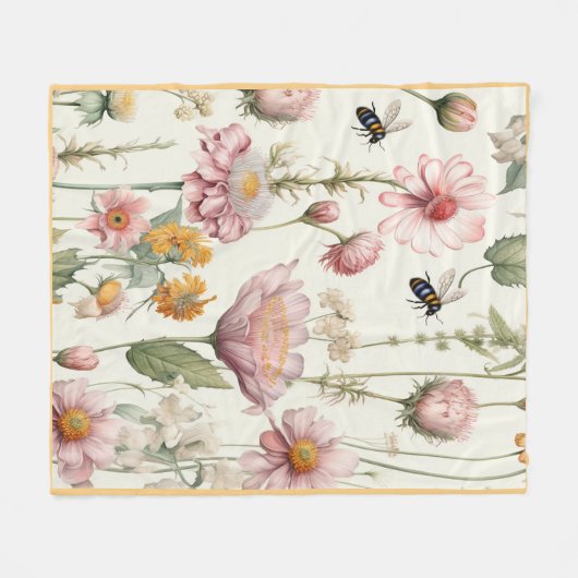 Waterverf lentebloemen roze gele bijen fleece deken (Voorkant (Horizontaal))
