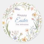 Waterverf lentebloemenkrans Happy Easter Ronde Sticker (Voorkant)