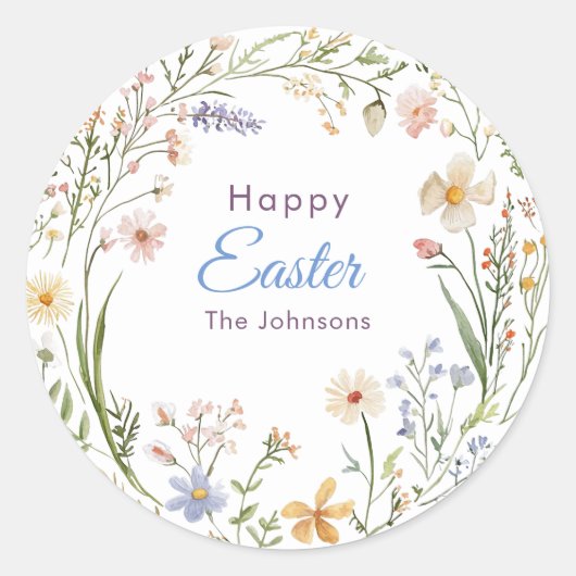 Waterverf lentebloemenkrans Happy Easter Ronde Sticker (Voorkant)
