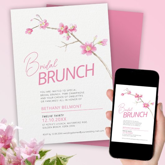 Waterverf lentebloesem roze bruids brunch kaart